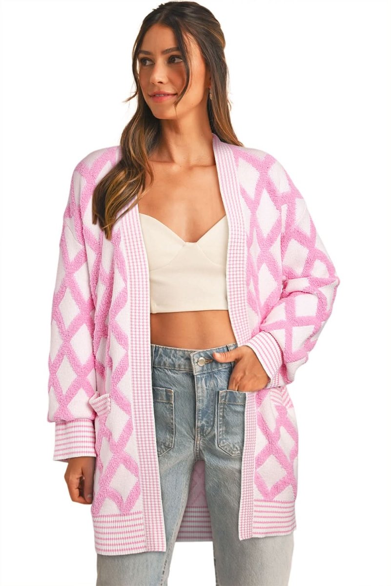 Pink Rhombus Pattern Knit Open Front Pocketed Cardigans - Love Salve